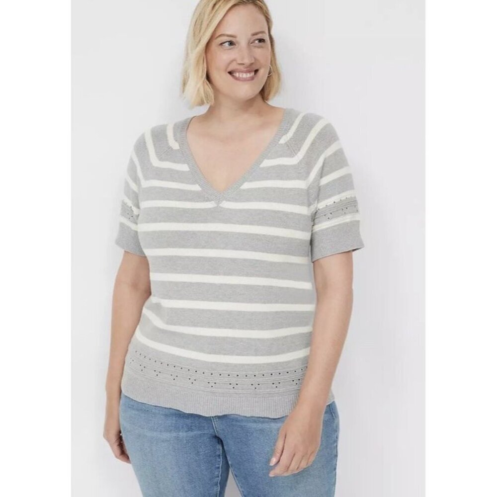 Lane‎ Bryant Striped Short-Sleeve V-Neck Sweater Tee Heather Gray 18/20 Plus NWT